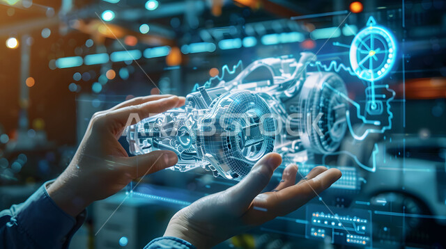 مفهوم صناعة السيارات، المخططات والتصاميم الهندسية لمشاريع المستقبل, التقدم والتطور التقني والتكنولوجي, صورة مقربة لأيدي رجل يتفاعل ويندمج مع رسوم بيانية هولوجرامية ثلاثية الابعاد للنموذج الأولي لهيكل السيارة, رؤية مستقبلية سعودية 2030