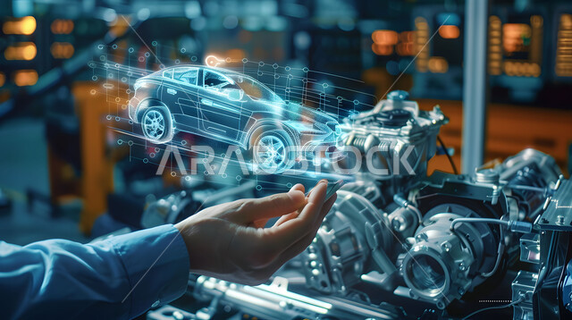 Technical and technological development and progress, the concept of the automobile industry, engineering plans and designs for future projects, a close-up image of a man’s hands interacting and merging with three-dimensional holographic diagrams of the prototype of the car’s structure and engine, a Saudi future vision 2030