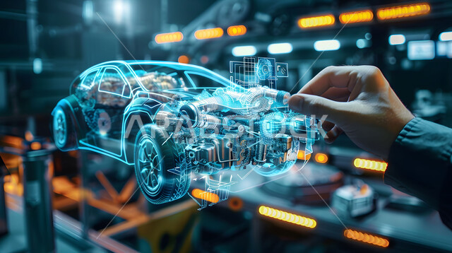 التطور والتقدم التقني والتكنولوجي, مفهوم صناعة السيارات، المخططات والتصاميم الهندسية لمشاريع المستقبل, صورة مقربة لأيدي رجل يتفاعل ويندمج مع رسوم بيانية هولوجرامية ثلاثية الابعاد للنموذج الأولي لهيكل ومحرك السيارة, رؤية مستقبلية سعودية 2030