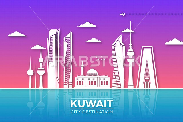 Urban development and progress in the modern style, architectural engineering art of Kuwait City towers, 3D illustrations of skyscrapers and facilities on the Arabian Gulf coast, famous tourist attractions