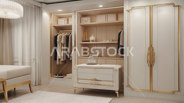 غرف بتصاميم عصرية، شقق وفلل سكنية بديكورات فاخرة، فنون الهندسة المعمارية والديكور، أثاث منزلي أنيق ومريح بالون الابيض، تصميم داخلى لغرفة تبديل الملابس بأسلوب حديث