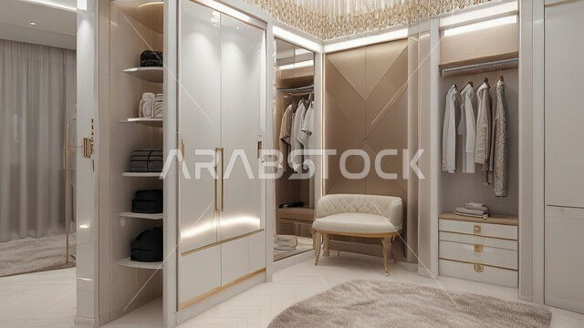 أثاث منزلي أنيق ومريح بالون الابيض، تصميم داخلى لغرفة تبديل الملابس بأسلوب حديث، فنون الهندسة المعمارية والديكور، شقق وفلل سكنية بديكورات فاخرة، غرف بتصاميم عصرية