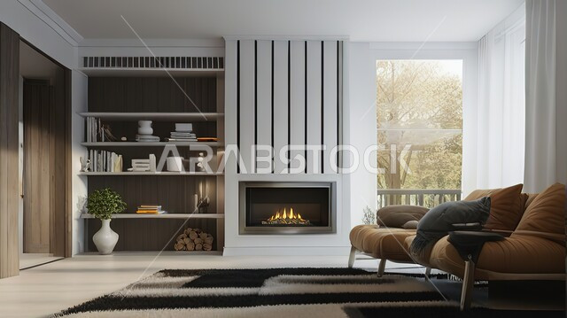 Interior decorations and distinctive designs, elegant artifacts and accessories, living rooms with luxurious home furniture in brown and white, comfortable sofa alongside a fireplace in a sitting room