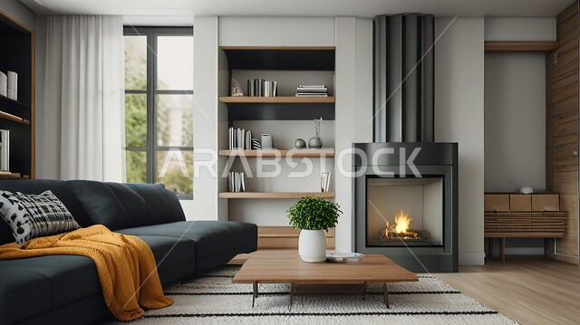 أريكة مريحة بجانب مدفأة في غرفة جلوس، تحف واكسسوارات أنيقة، ديكورات داخلية وتصاميم مميزة، غرف معيشة مع أثاث منزلي فاخر باللونين الأسود والأبيض