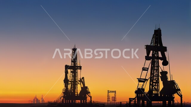 بيع وتصدير الثروات الباطنية، جودة أدوات ومعدات استخراج البترول، استنباط النفط والزيوت، صورة ظليلية لحفارة تقوم بالتنقيب عن النفط في الصحراء وقت غروب الشمس، سالوليت
