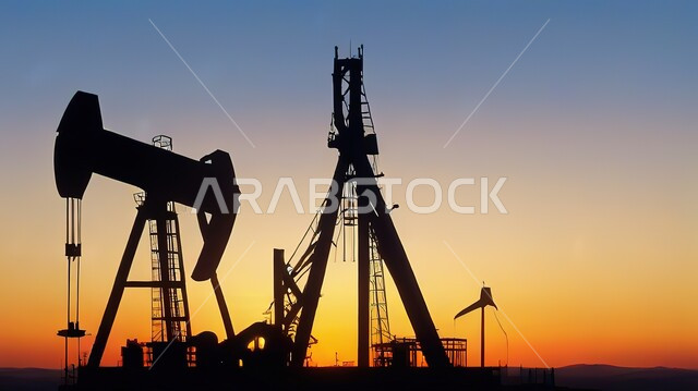 بيع وتصدير الثروات الباطنية، جودة أدوات ومعدات استخراج البترول، استنباط النفط والزيوت، صورة ظليلية لحفارة تقوم بالتنقيب عن النفط في الصحراء وقت غروب الشمس، سالوليت