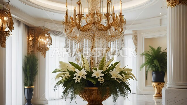 تحف واكسسوارات راقية وأنيقة، تصاميم وديكورات داخلية كلاسيكية باللون الأبيض والذهبي، الاهتمام بنبات الزينة الخضراء، ثريا كبيرة معلقة في وسط غرفة استقبال