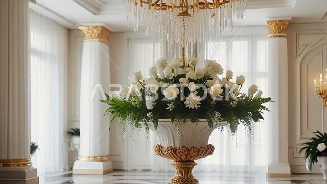 تصاميم وديكورات داخلية كلاسيكية باللون الأبيض والذهبي، الاهتمام بنبات الزينة الخضراء، ثريا كبيرة معلقة في وسط غرفة استقبال، تحف واكسسوارات راقية وأنيقة