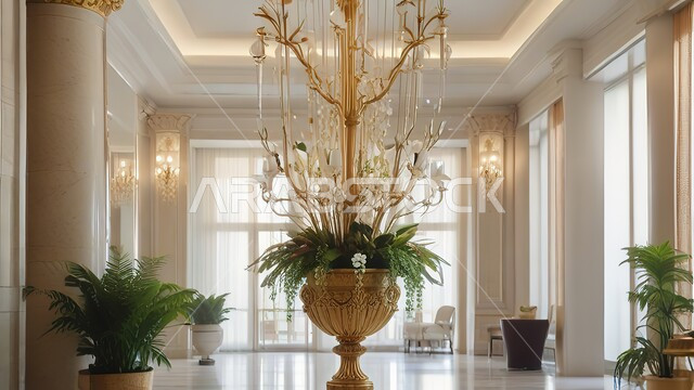 A large chandelier hanging in the center of a reception room, attention to green ornamental plants, classic interiors and interiors in white and golden, sophisticated and elegant accessories and accessories