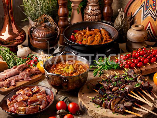 أطباق مليئة باللحوم المشوية والخضراوات الطازجة في مطبخ عصري، تحضير الأطعمة والوجبات الصحية الشهية، وصفات المأكولات العربية اللذيذة، فنون الطبخ ومهارة تقديم الطعام