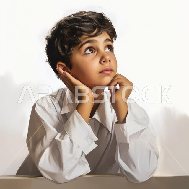 إيجاد حل لمشكلة, النظر إلى مكان ما، التفكر والتمعن للتخطيط للمستقبل, إيماءات تدل على التفكير بشيء ما، بورتريه لطفل عربي سعودي خليجي يرتدي الثوب السعودي يضع يده على خده, خلفية بيضاء