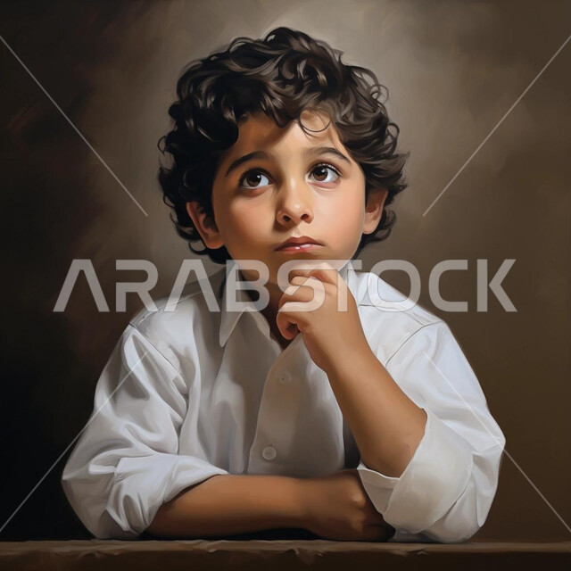 النظر إلى مكان ما، التمعن والتفكر للتخطيط للمستقبل, إيجاد حل لمشكلة, إيماءات تدل على التفكير بشيء ما، بورتريه لطفل عربي سعودي خليجي يرتدي الثوب السعودي يضع يده على ذقنه, خلفية ضبابية