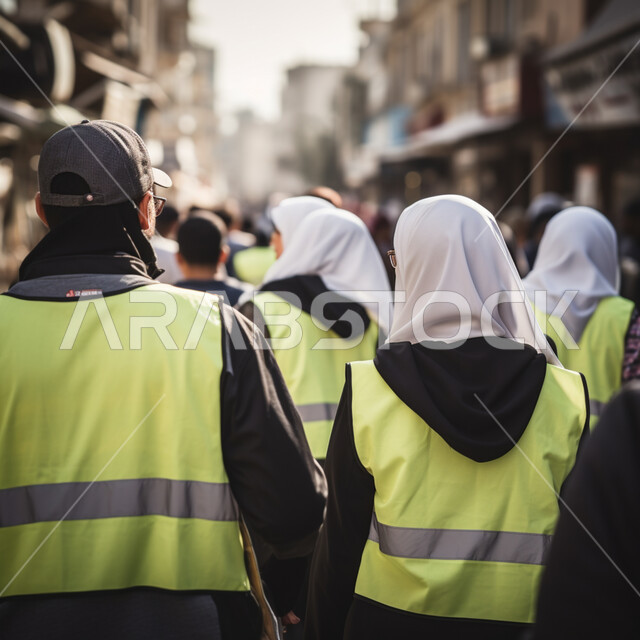 تطور ونمو القطاع الهندسي في المملكة، صورة من الخلف لمجموعه من المهندسون المعماريون العرب السعوديون الخليجيون يرتدون سترة الحماية يقومون بالتجول داخل المدينة، فريق الكشافه المتطوعين للعمل الخيري في السعوديه، مهن ووظائف سعودية، العمل في القطاع الهندسي