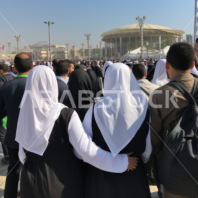 Walking outdoors, a picture from the back of a group of Saudi Gulf Arab women walking around the city, a volunteer scout team for charitable work in Saudi Arabia, enjoying with friends
