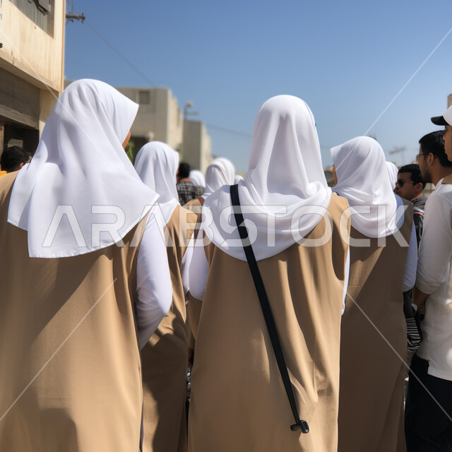 مقصد المسلمين من مختلف البلدان لأداء الفرائض الدينية، المشي في الهواء الطلق, صورة من الخلف لمجموعه من السيدات العربيات الخليجيات السعوديات يقومون بالتجول داخل المدينة من أجل الحج والعمرة، مفهوم العبادة والتقرب الى الله