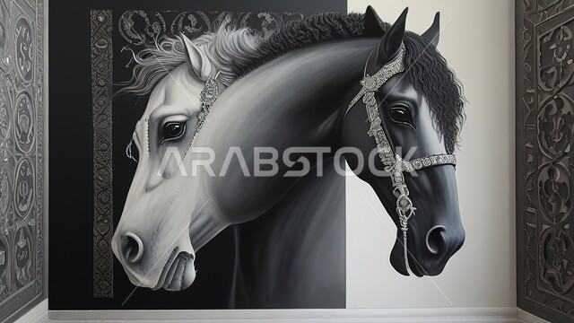 مجسم  ثلاثي الابعاد لراسي خيلين مزدوجين باللون  الاسود والابيض، أحصنه عربيه اصيله، ديكورات داخليه فاخره، شغف الفروسية وحب الجواد في السعودية