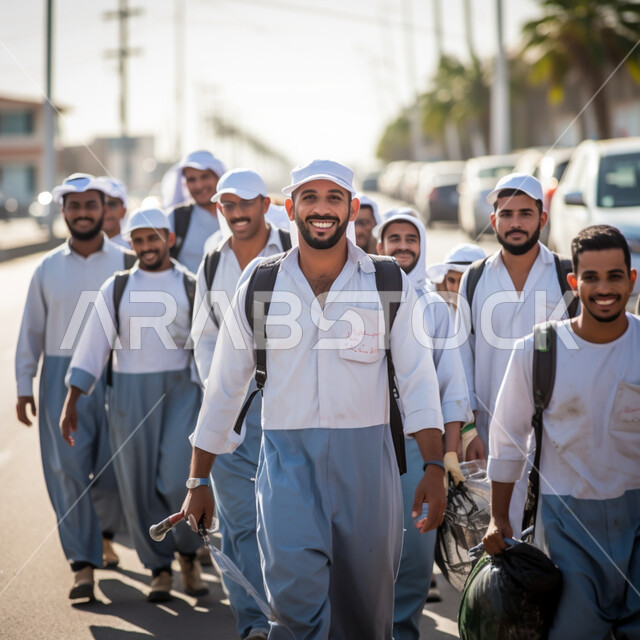 التقاط صورة سيلفي جماعية تذكارية، قضاء أوقات ممتعة مع الأصدقاء، مجموعه من العمال العرب السعوديون الخليجيون يرتدون الزي الخاص بالعمل، النظر إلى الكاميرا بإيماءات السرور والسعادة