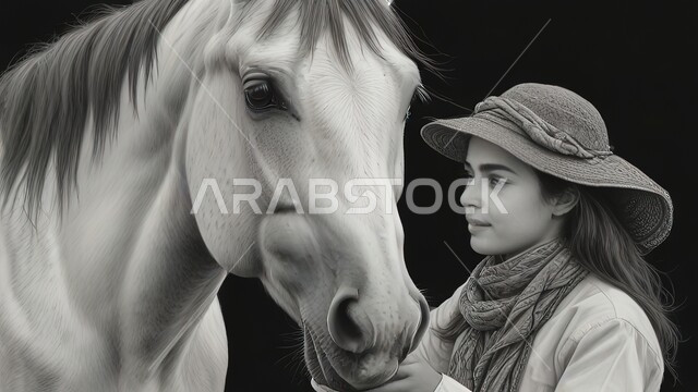 أنشطة ترفيهية نسائية، تعلق أبناء المملكة العربية السعودية بالخيول، شغف الفروسية وحب الجواد، صورة مقربة باللون الأبيض والأسود لشابة عربية خليجية سعودية تقوم بمداعبة جوادها العربي الأصيل، خلفية سوداء