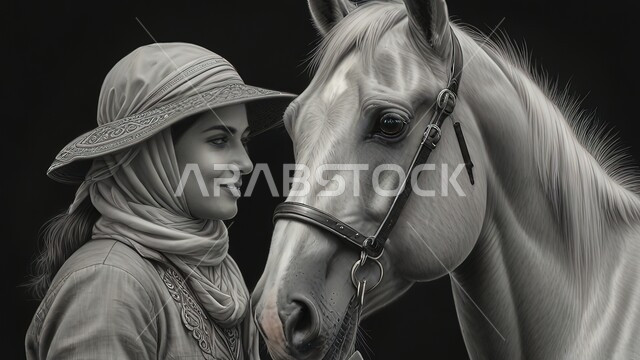 تعلق أبناء المملكة العربية السعودية بالخيول، شغف الفروسية وحب الجواد، صورة مقربة باللون الأبيض والأسود لشابة عربية خليجية سعودية محجبة تقوم بمداعبة جوادها العربي الأصيل، أنشطة ترفيهية نسائية، خلفية سوداء