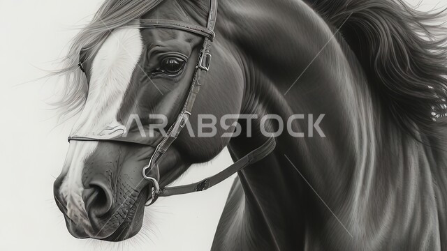 ترويض وتدريب الأحصنة العربية الاصيلة، حب وشغف الفروسية، محمية طبيعية لتربية الخيول في المملكة العربية السعودية، صورة مقربة لحصان في الاسطبل، خلفية بيضاء