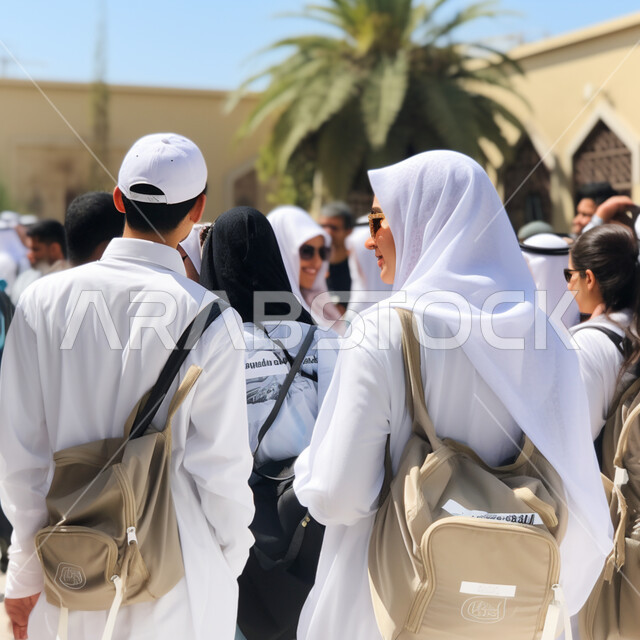 Walking outdoors, a picture from the back of a group of Saudi Gulf Arab women walking around the city, a volunteer scout team for charitable work in Saudi Arabia, enjoying with friends
