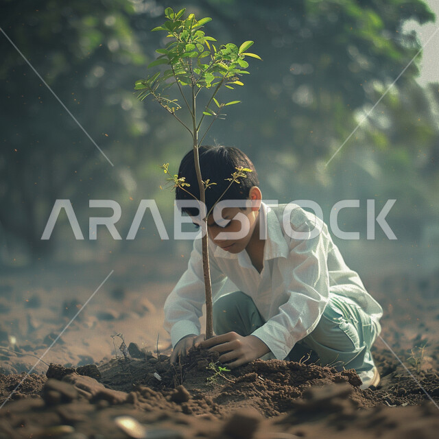 زراعة الخضراوات الطبيعية، أراضي ومحاصيل زراعية، ثمار وطنية محليه، الاهتمام في النباتات الخضراء في المملكة العربية السعودية، ولد عربي خليجي سعودي يقوم بزرع الشتلات في المزرعه