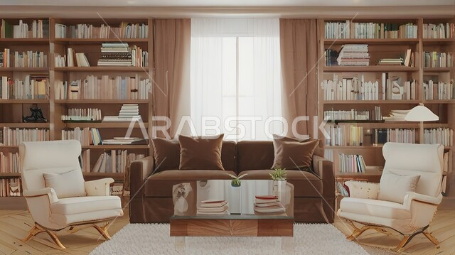 فنون الهندسة والديكور الداخلي، تحف واكسسوارات راقية ومميزة، غرفة مكتبية بتصاميم عصرية فاخرة، رفوف خشبية مليئة بالكتب، أثاث مريح باللون البني