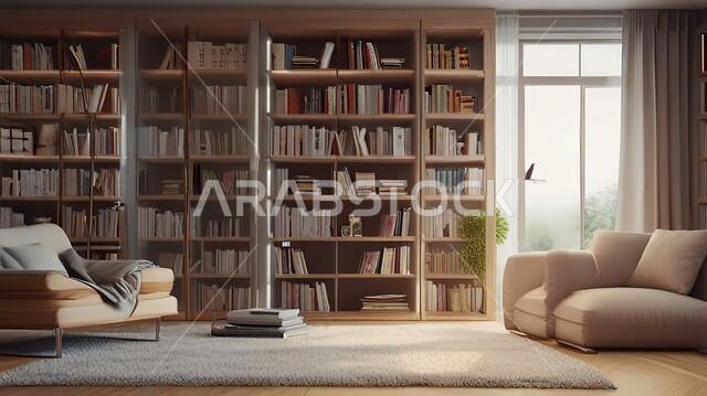 تحف واكسسوارات راقية ومميزة، غرفة مكتبية بتصاميم عصرية فاخرة، رفوف خشبية مليئة بالكتب، أثاث مريح باللون البني، فنون الهندسة والديكور الداخلي