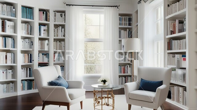 تحف واكسسوارات راقية ومميزة، غرفة معيشة بتصاميم عصرية فاخرة، أثاث منزلي مريح باللون الأزرق والأبيض، فنون الهندسة والديكور الداخلي، رفوف خشبية مليئة بالكتب