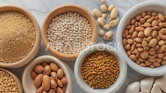 محاصيل ومنتجات وطنية محلية سعودية، أوعية مليئة بانواع الفاصوليا المغذية والمفيدة، حبوب صحية ذات قيمة غذائية عالية، صورة مقربة من الأعلى لمجموعة من أطباق البقوليات