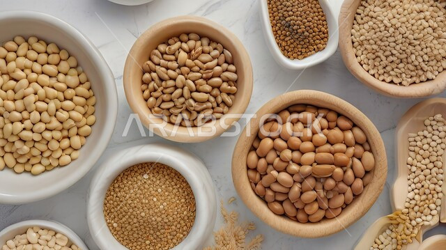 حبوب صحية ذات قيمة غذائية عالية، صورة مقربة من الأعلى لمجموعة من أطباق البقوليات، أوعية مليئة بانواع الفاصوليا المغذية والمفيدة، منتجات ومحاصيل وطنية محلية سعودية