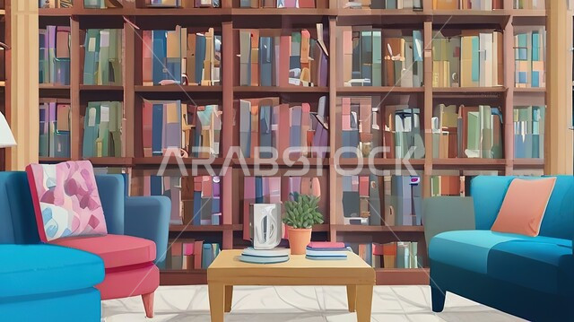 أثاث مريح باللون الأزرق، غرفة مكتبية بتصاميم عصرية فاخرة، تحف واكسسوارات راقية ومميزة، فنون الهندسة والديكور الداخلي، رفوف خشبية مليئة بالكتب