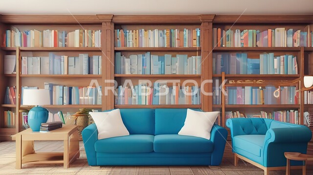 غرفة مكتبية بتصاميم عصرية فاخرة، تحف واكسسوارات راقية ومميزة، فنون الهندسة والديكور الداخلي، رفوف خشبية مليئة بالكتب، أثاث مريح باللون الأزرق