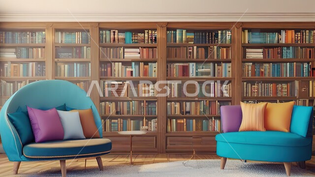 تحف واكسسوارات راقية ومميزة، فنون الهندسة والديكور الداخلي، غرفة مكتبية بتصاميم عصرية فاخرة، رفوف خشبية مليئة بالكتب، أثاث مريح باللون الأزرق