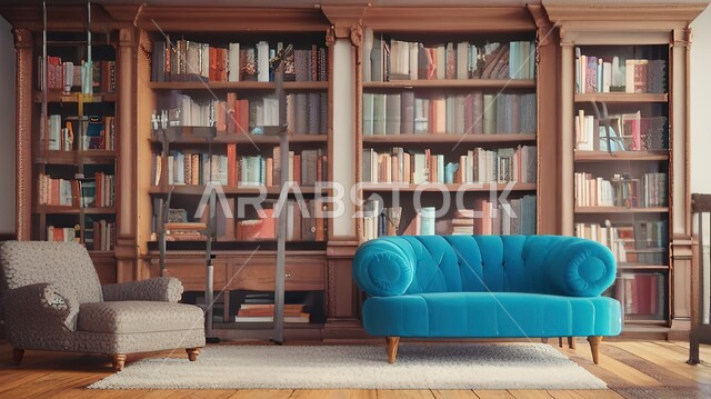 فنون الهندسة والديكور الداخلي، تحف واكسسوارات راقية ومميزة، غرفة مكتبية بتصاميم عصرية فاخرة، رفوف خشبية مليئة بالكتب، أثاث مريح باللون الأزرق