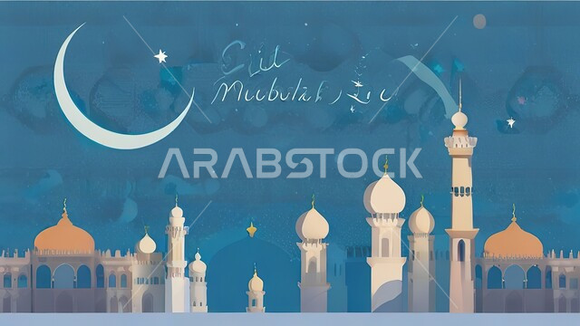 خلفية اسلامية رمضانية، زينة الاعياد والمناسبات الدينية، الديكورات والتصاميم الهندسية المميزة للمساجد، رسوم توضيحية ثلاثية الابعاد للمآذن والقبب، هلال وزينة واكسسوارات العيد