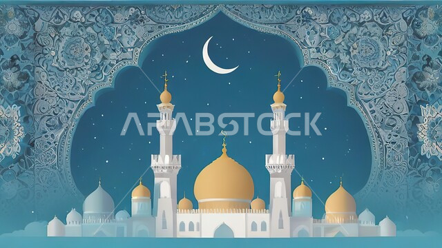 زينة الاعياد والمناسبات الدينية، الديكورات والتصاميم الهندسية المميزة للمساجد، رسوم توضيحية ثلاثية الابعاد للمآذن والقبب، هلال وزينة واكسسوارات العيد، خلفية اسلامية رمضانية