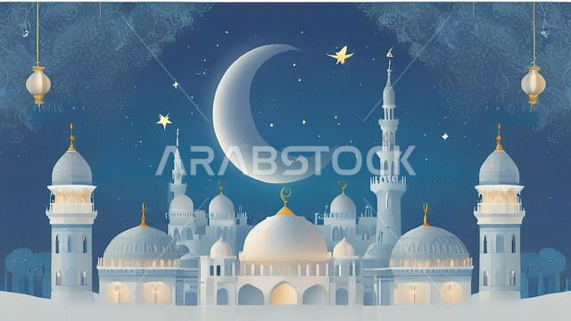 رسوم توضيحية ثلاثية الابعاد للمآذن والقبب، الديكورات والتصاميم الهندسية المميزة للمساجد، زينة الاعياد والمناسبات الدينية، هلال وزينة واكسسوارات العيد، خلفية اسلامية رمضانية