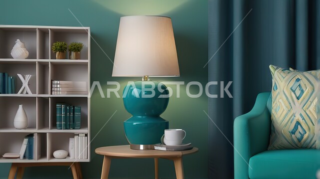 Classy and distinctive accessories and antiques, a living room with luxurious modern designs, wooden shelves full of books, engineering arts and interior decoration, comfortable home furniture in blue.