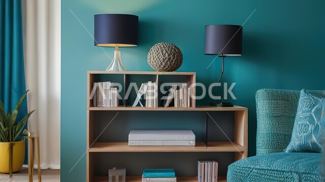 فنون الهندسة والديكور الداخلي، تحف واكسسوارات راقية ومميزة، غرفة معيشة بتصاميم عصرية فاخرة، أثاث منزلي مريح باللون الأزرق، رفوف خشبية مليئة بالكتب