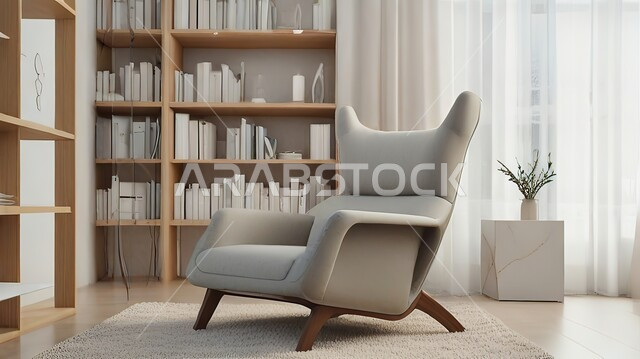 غرفة معيشة بتصاميم عصرية فاخرة، اكسسوارات وتحف راقية ومميزة، رفوف خشبية مليئة بالكتب، فنون الهندسة والديكور الداخلي، أثاث منزلي مع كرسي مريح باللون البيج