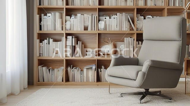 اكسسوارات وتحف راقية ومميزة، غرفة معيشة بتصاميم عصرية فاخرة، رفوف خشبية مليئة بالكتب، فنون الهندسة والديكور الداخلي، أثاث منزلي مع كرسي مريح باللون البيج