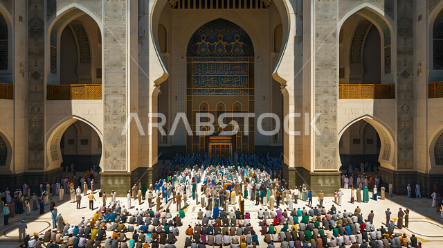 الزخارف والنقوش الاسلامية علة الأعمدة والأقواس, المناسبات والأعياد الدينية، اداء الصلوات على وقتها في الجامع، التصاميم والديكورات الهندسية المعمارية للمساجد على الطراز الاسلامي العربي, تجمع المسلمون للصلاة في حرم المسجد