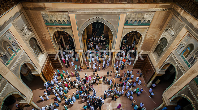 التصاميم والديكورات الهندسية المعمارية للمساجد على الطراز الاسلامي العربي, اداء الصلوات على وقتها في الجامع، الزخارف والنقوش الاسلامية علة الأعمدة والأقواس, المناسبات والأعياد الدينية، تجمع المسلمون للصلاة في حرم المسجد