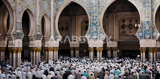 Islamic holidays and occasions, performing Eid prayers in congregation, diligence in worship and performing prayers on time in the mosque, architectural engineering art for mosques in the Arab-Islamic style, Muslims gathering to pray in the mosque’s precincts.
