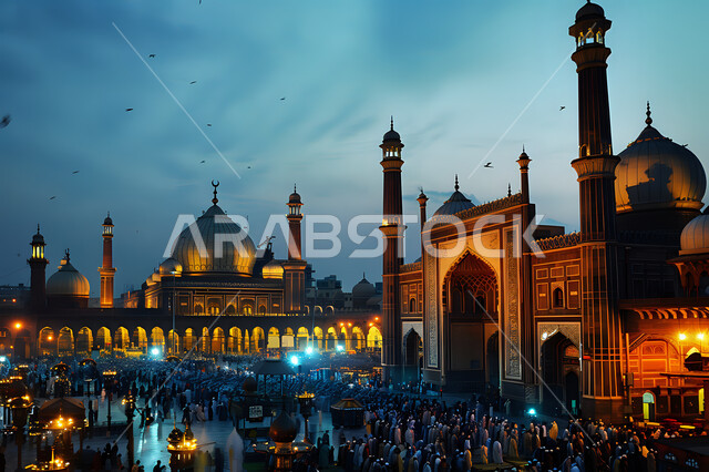 Diligence in worship and performing prayers on time in the mosque, Muslims gathering to pray in the mosque campus, architectural engineering of mosques in the Arab Islamic style, performing Eid prayers in congregation, Islamic holidays and events