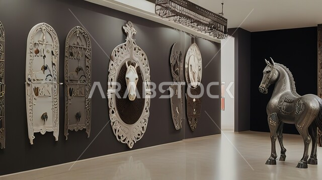 Artistic wall designs for traditional heritage decorations, three-dimensional black and white models of decorated purebred Arabian horses, the love of Saudi Arabian horses, a symbol of chivalry and courage.