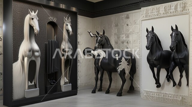 مجسمات ثلاثية الأبعاد بالأبيض والأسود لأحصنة عربية اصيلة مزخرفة، تصاميم جدارية فنية للديكورات التراثية التقليدية ،حب الخيول العربية السعودية، رمز الفروسية والشجاعه