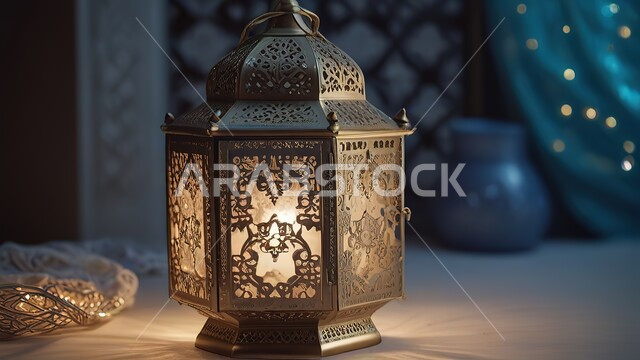 أنوار وديكورات في الأجواء الرمضانية الروحانية، تحف اسلامية تقليدية للاحتفال بقدوم شهر رمضان المبارك، الاكسسوارات والزينة العربية والفن الإسلامي، فانوس معدني مزخرف مضيئ، استقبال شهر الخير والبركة