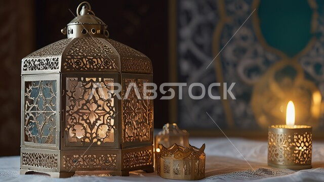 الاكسسوارات والزينة العربية والفن الإسلامي، فانوس معدني مزخرف مضيئ، تحف اسلامية تقليدية للاحتفال بقدوم شهر رمضان المبارك، أنوار وديكورات في الأجواء الرمضانية الروحانية، استقبال شهر الخير والبركة